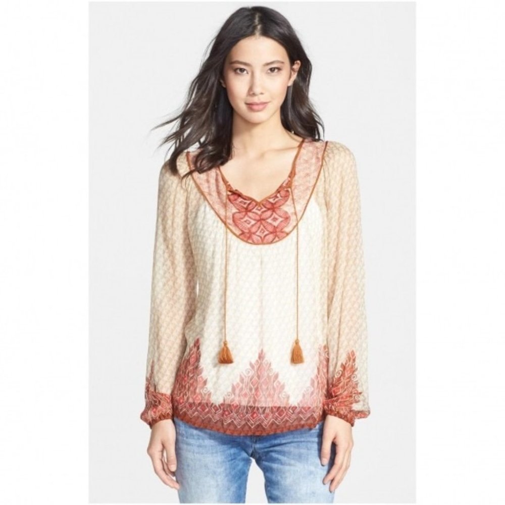 Lucky Brand Cream Long-Sleeve Boho Blouse with Rust Accents